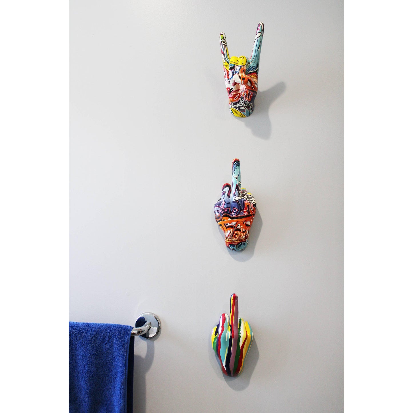 Middle Finger Hand Wall Mounted Hook | "Street Art" Multicolor Resin Sculpture | 9” Tall