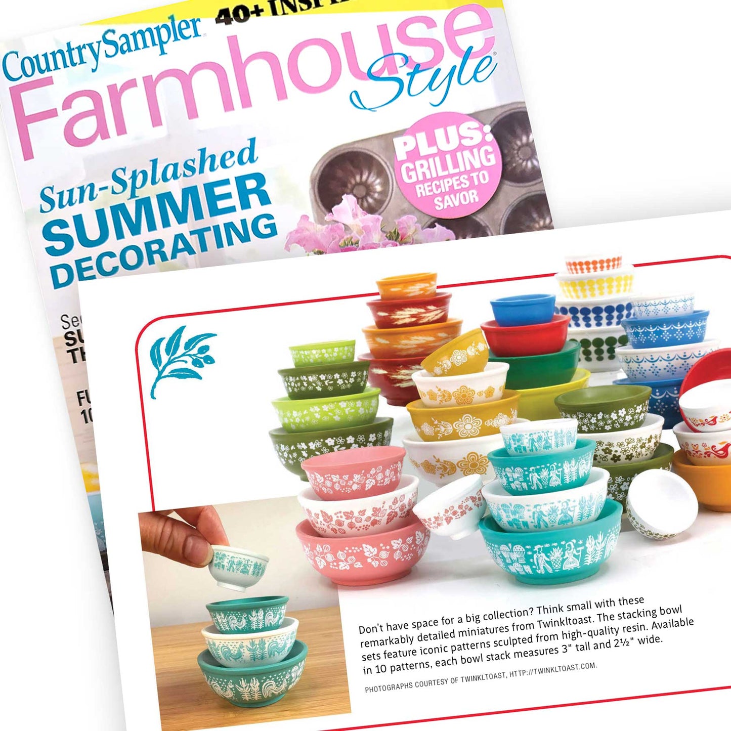 Magazine cover featuring colorful nesting bowls with a 'Farmhouse Style' theme.