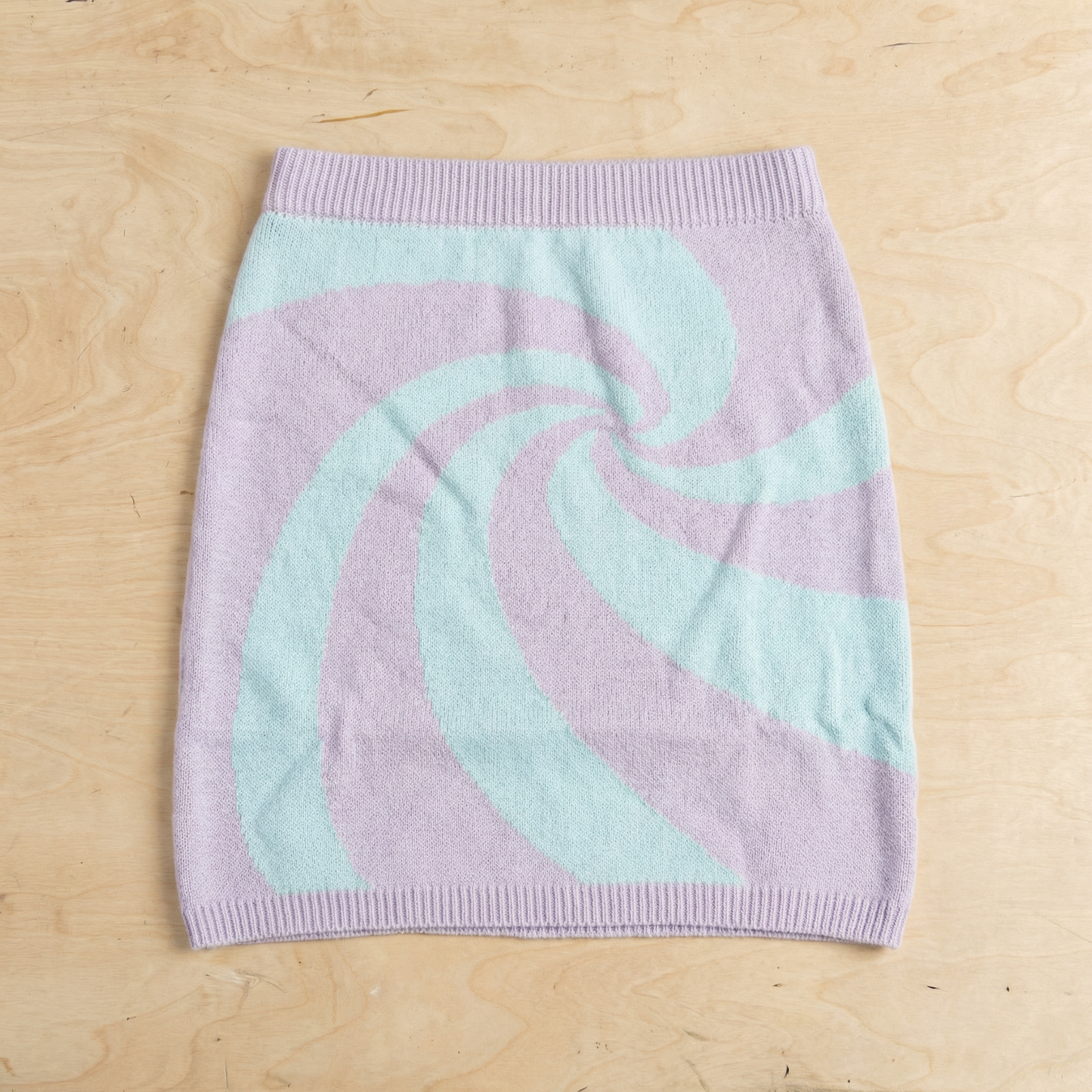 Mod Swirl Sweater Mini Skirt | Lilac & Pale Blue Knit Skirt with Intarsia Design (SM–XL)