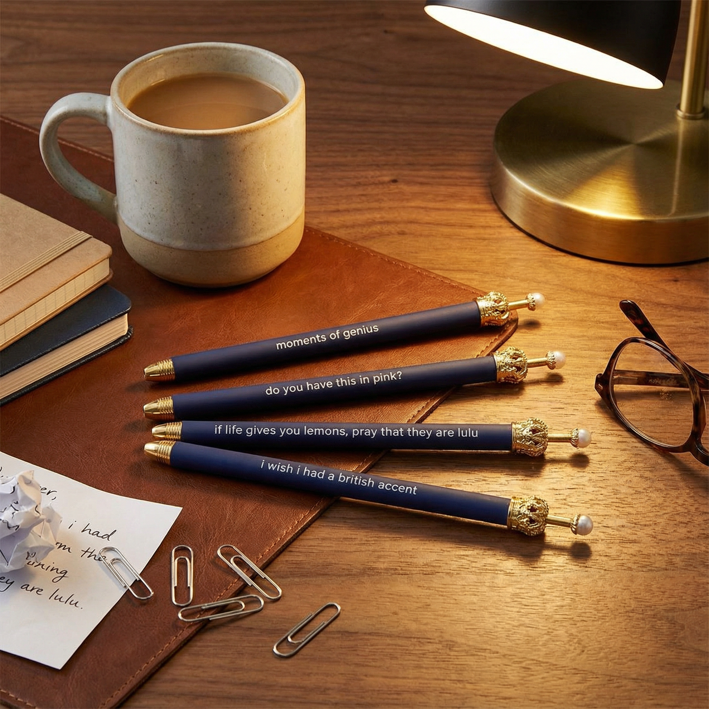 Moments of Genius Navy Blue Crown Pen Set of 12 | Giftable Quote Pens | Novelty Office Desk Supplies