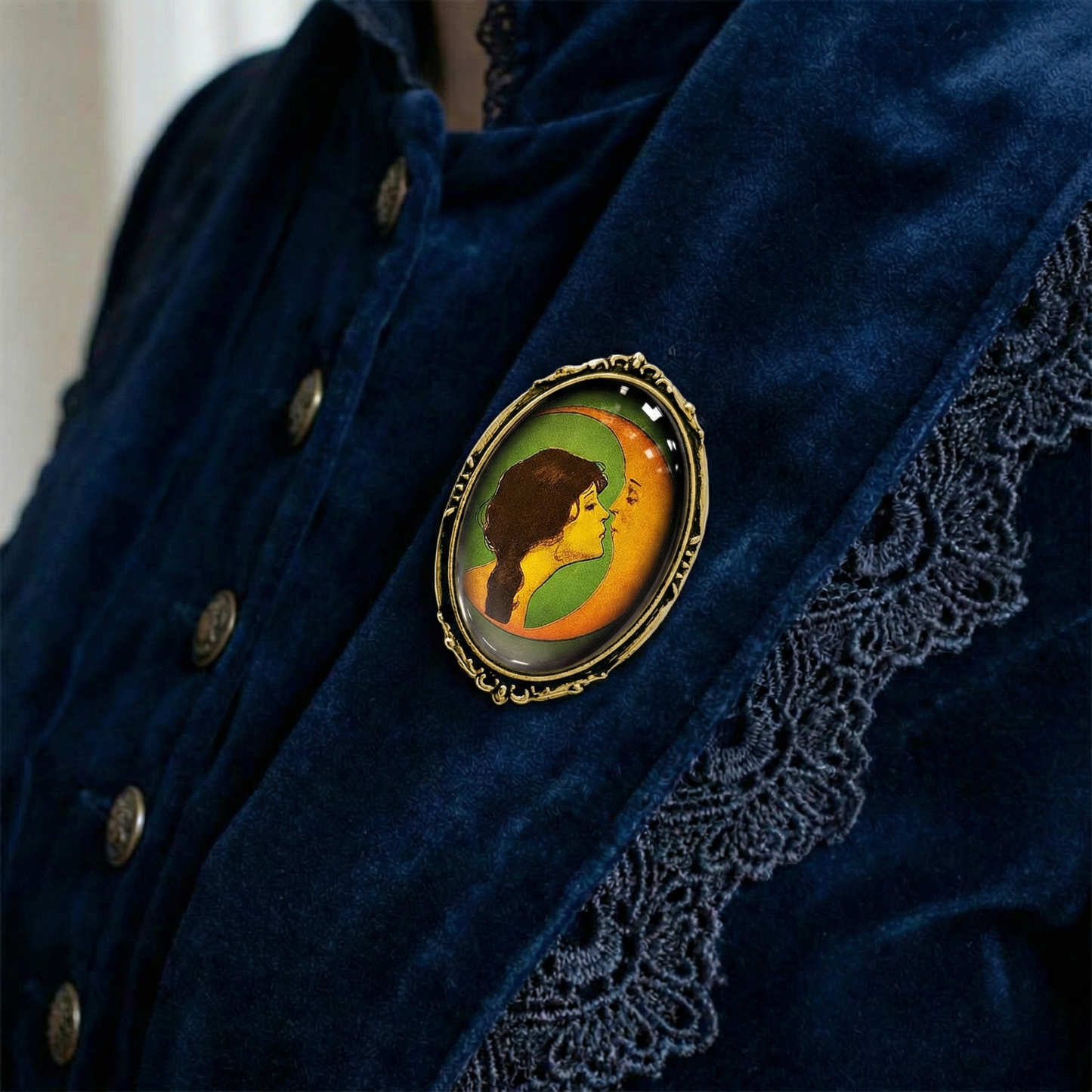 Moon Kiss Brooch Vintage Art Nouveau Crescent Moon | Celestial Victorian Style Glass Cabochon Pin