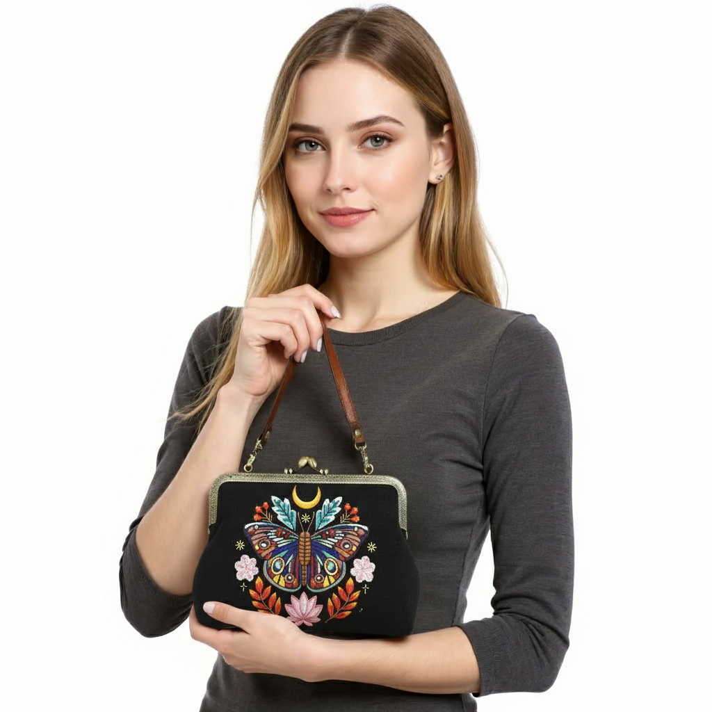 Moon Moth Vintage Kisslock Bag in Black | Embroidered Mystic Handbag with Detachable Straps