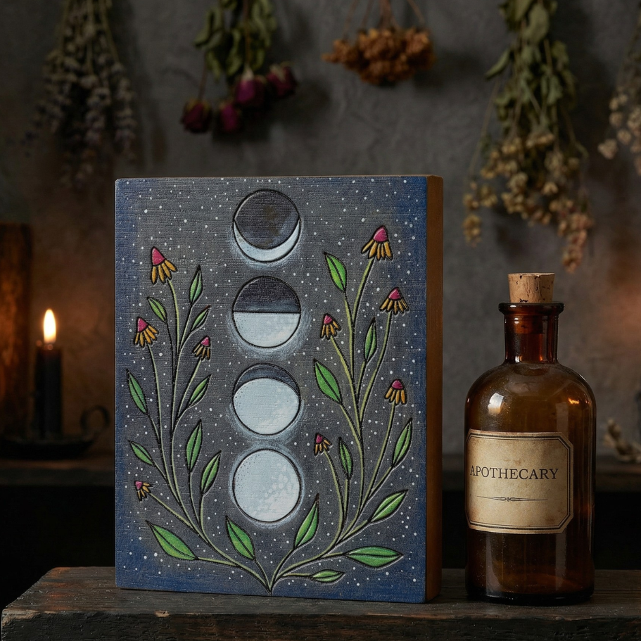 Moon Phases Wooden Block Sign | Celestial Botanical Wall Decor | 4.75" x 6"