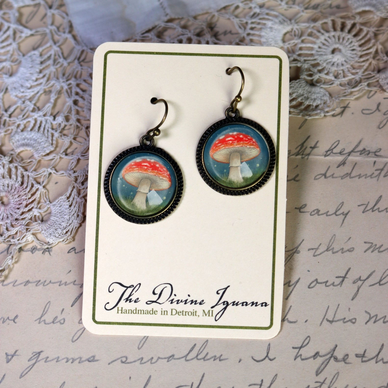Moonlit Mushrooms Cottagecore Glass Cabochon Earrings | Handmade in the US
