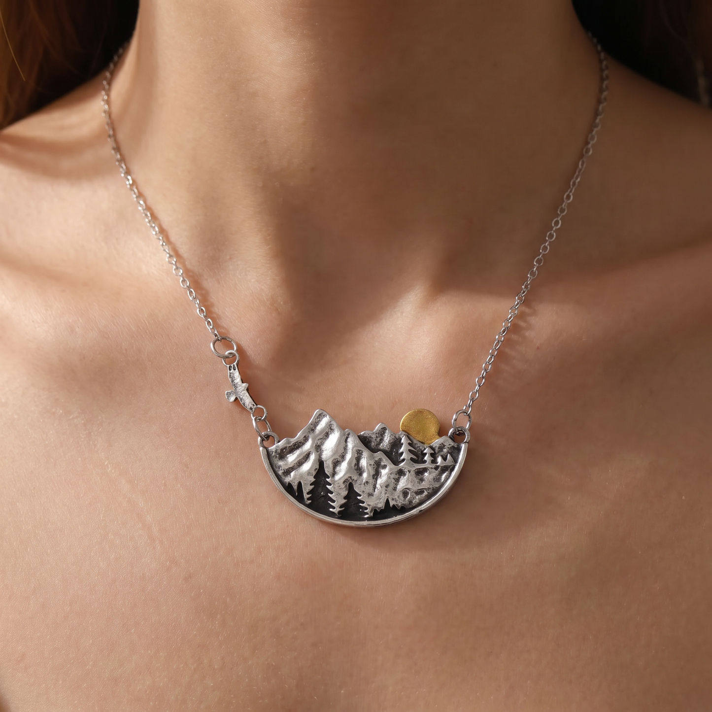 Mountain Necklace | Silver Landscape Pendant with Shimmery Full Moon