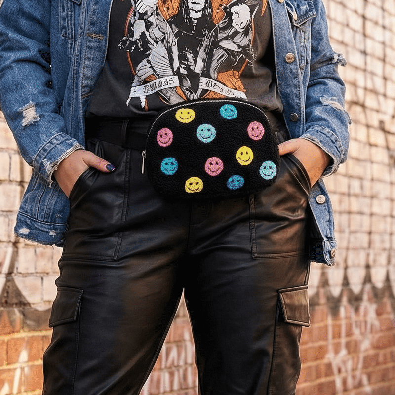 Multi-Colored Happy Faces Adjustable Belt Bag in Black | Stylish Crossbody Waist Bag