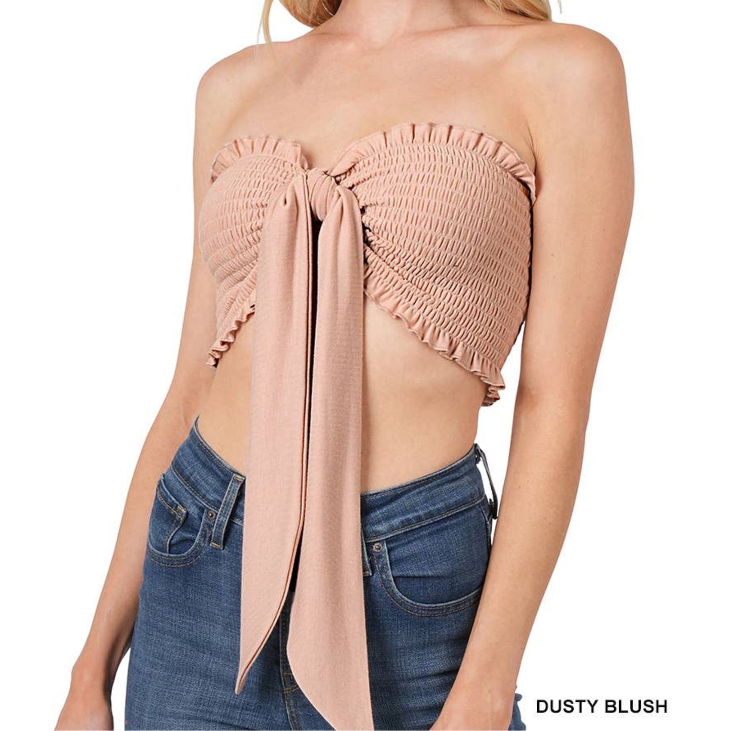 Multi-Way Smocked Bandeau Top in Ash Grey or Dusty Blush | Tie Front Crop Tube Top in Plus & Regular Sizes