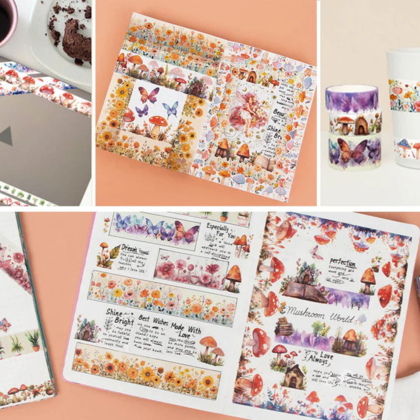 Mushroom Butterfly Washi Tape Set | 13 Rolls Floral & Nature Decorative Tape for Journals, Planners & Crafts