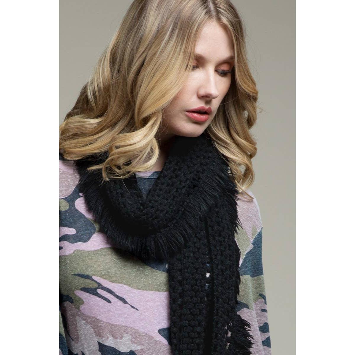 Net Oblong Scarf with Frayed Fringe | Soft Acrylic Scarf in Black, Mustard, and White