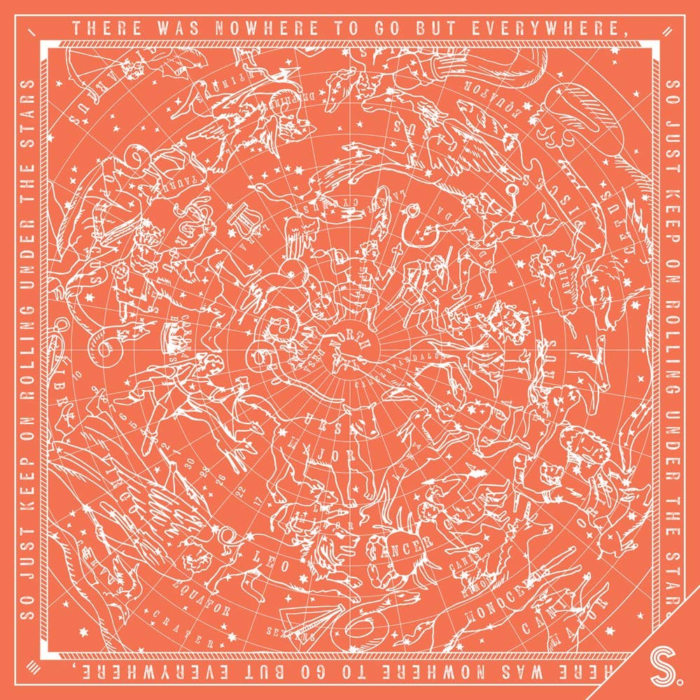 Map of constellations on a pink background with text