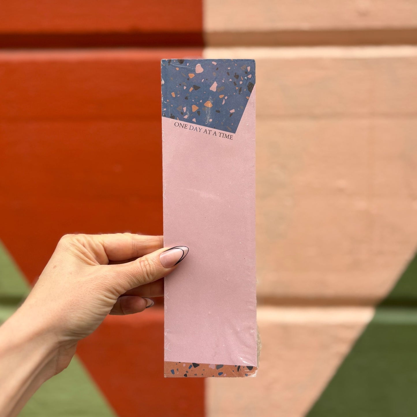 One Day At A Time Magnetic List Notepad in Terrazzo Design | 9.5" x 2.75" | Holds to Fridge with Strong Magnet | 1980s Memphis-Inspired Design