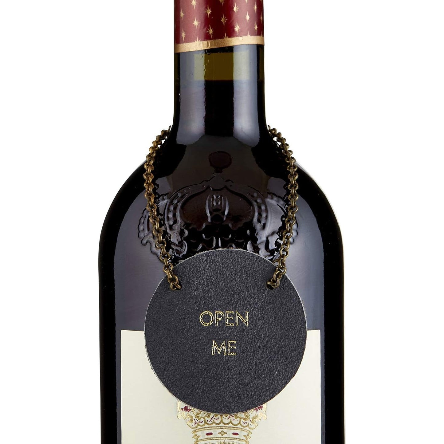 Open Me Leather Wine Bottle Tag in Black | Wine Gift Label Accessory | 2"