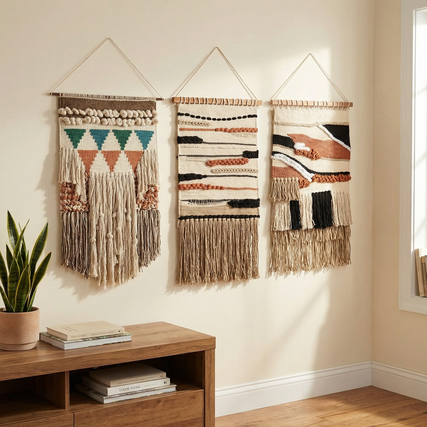 Three woven wall hangings on a wall above a wooden console table with books and a plant.