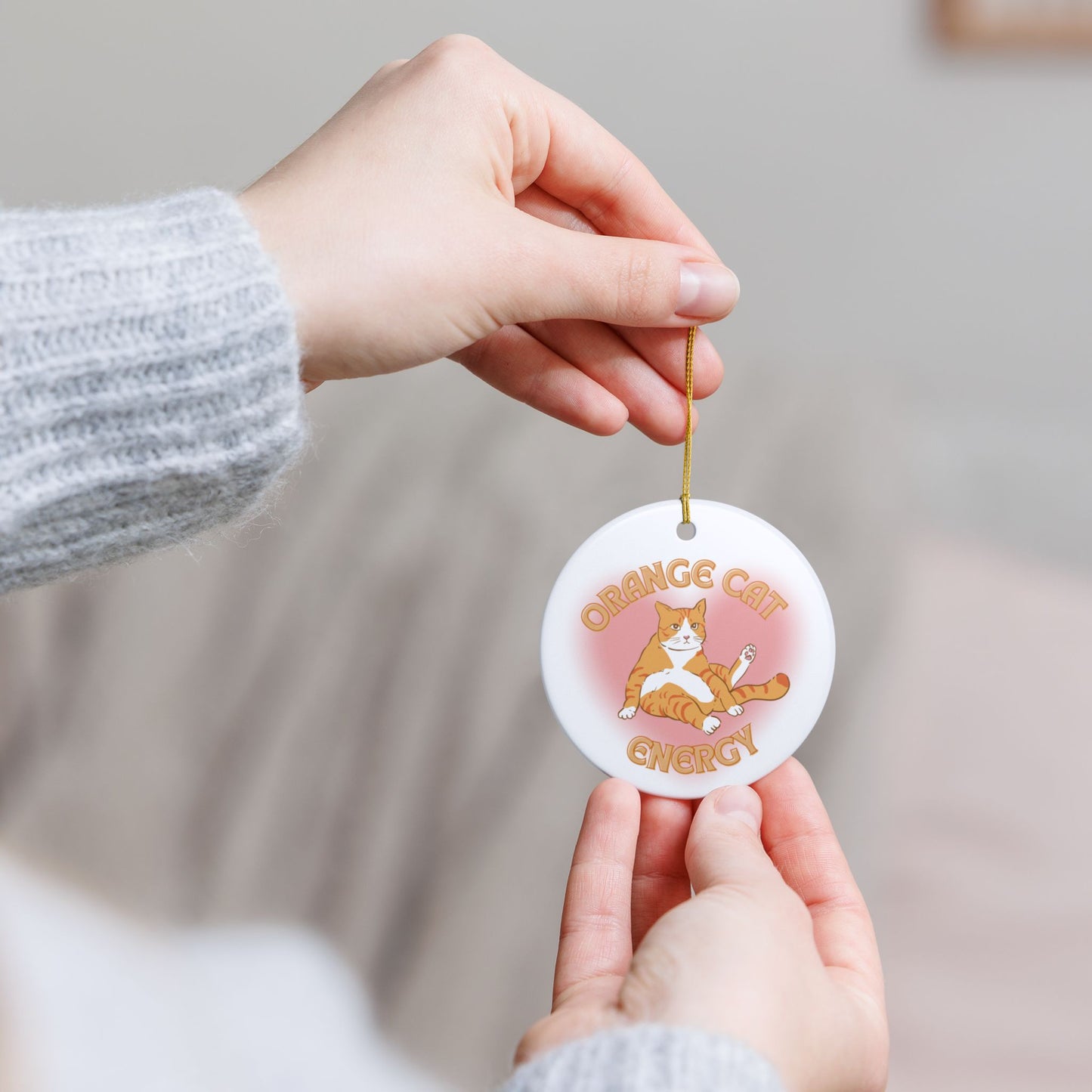 Orange Cat Energy Ceramic Ornament | Funny Cat Lover Holiday Decoration | Quirky Gift for Cat Moms & Dads