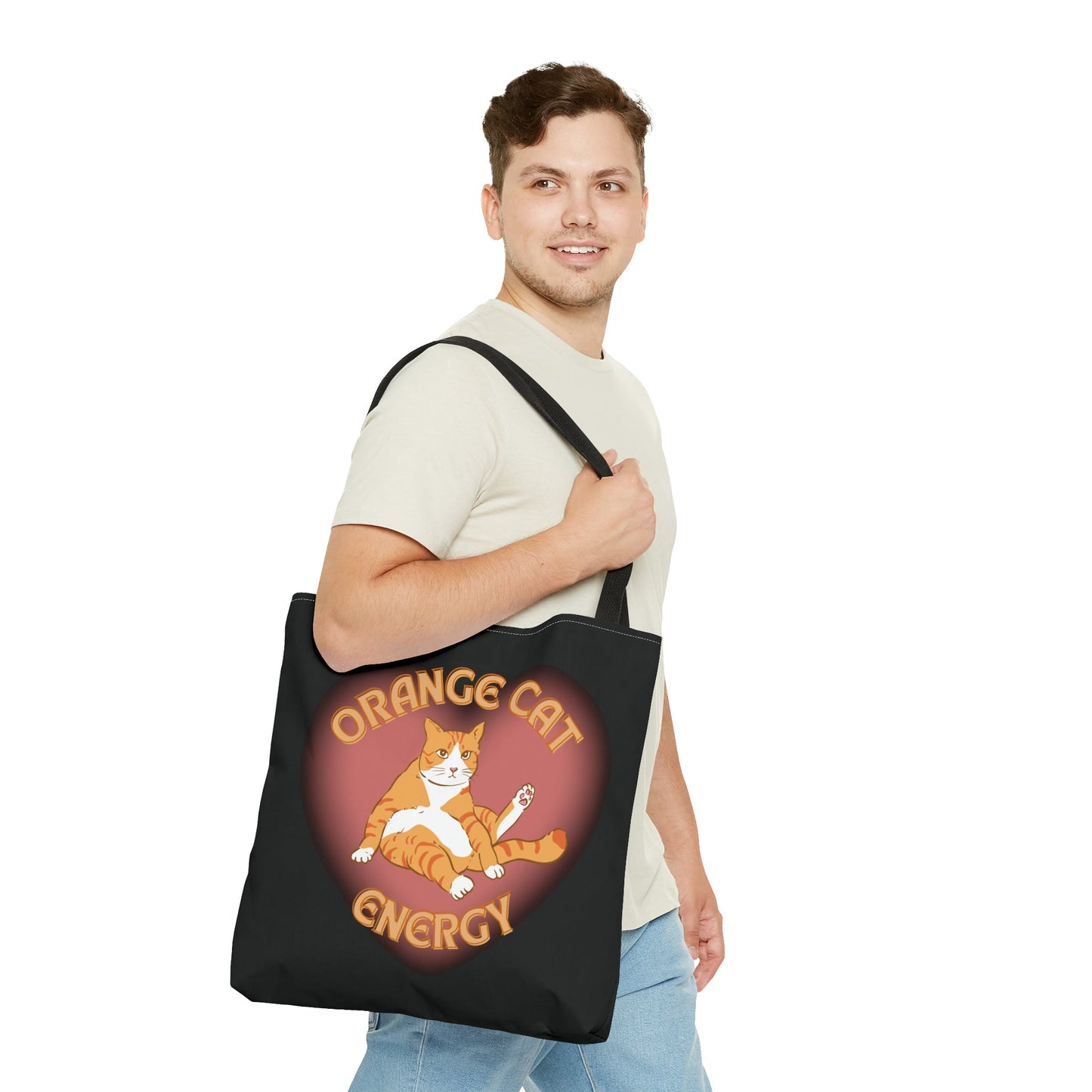 Orange Cat Energy Tote Bag in Black | 18" x 18"