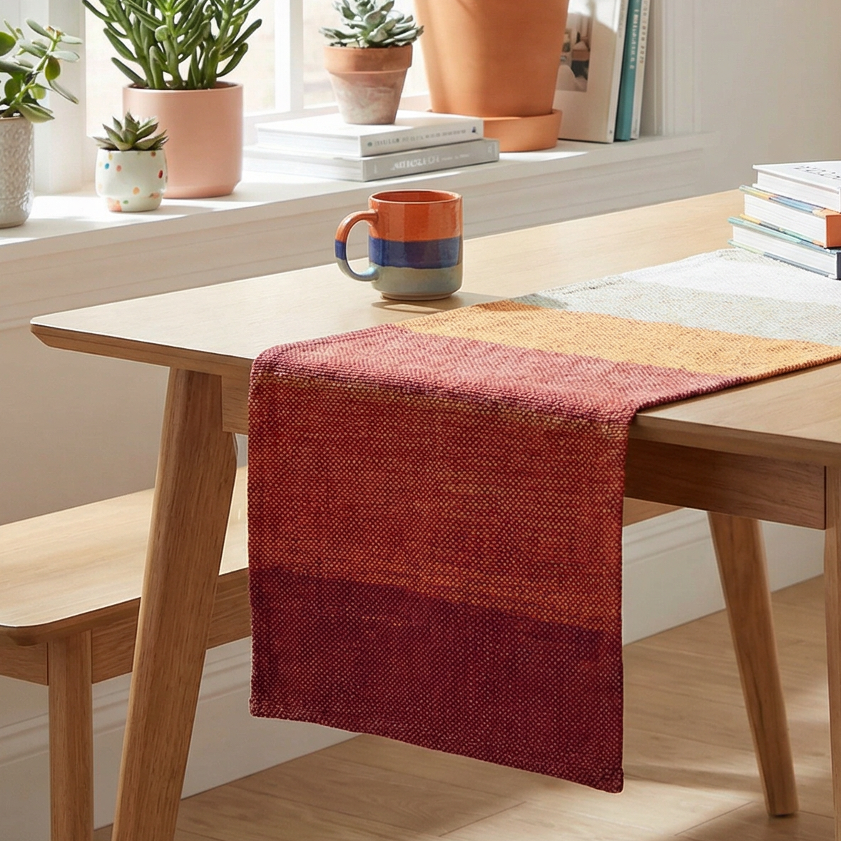 Orange Multi Plaid Table Runner | Double-sided Checkered Stripe Cotton Mat | 56" x 15"