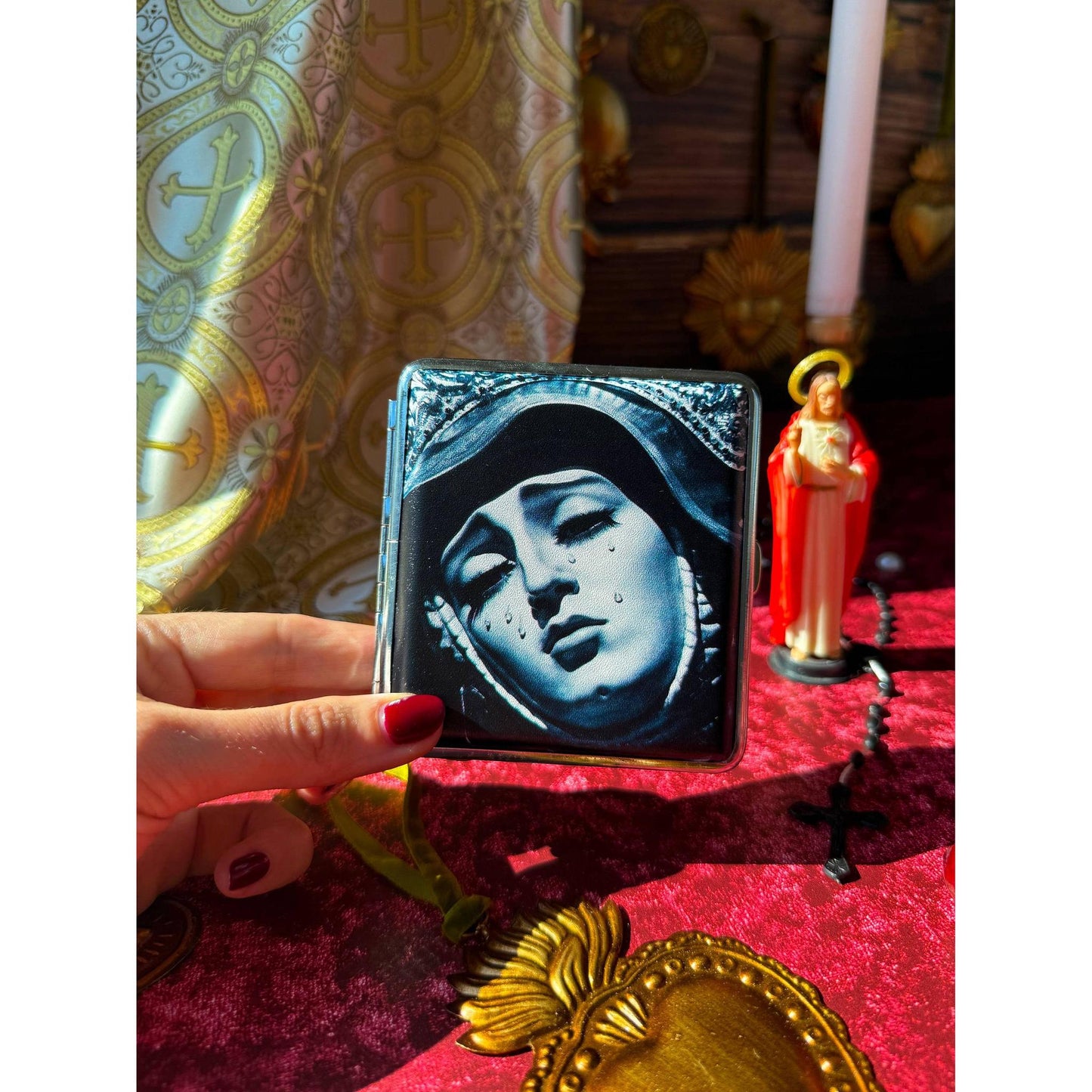 Our Lady of Sorrows Cigarette Case | Vintage Religious Art Cig Case | Gothic Catholic Card & Cash Holder