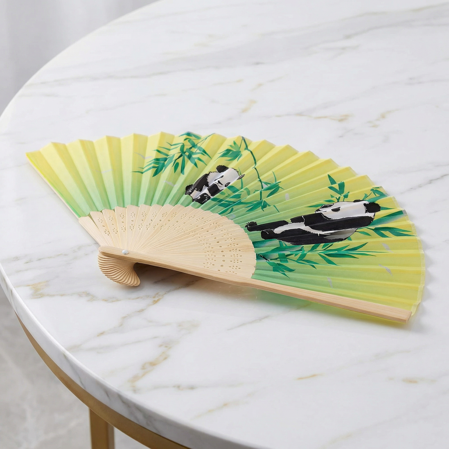 Panda Bamboo Design Paper Folding Fan | 10" Hand Fan with Wooden Frame