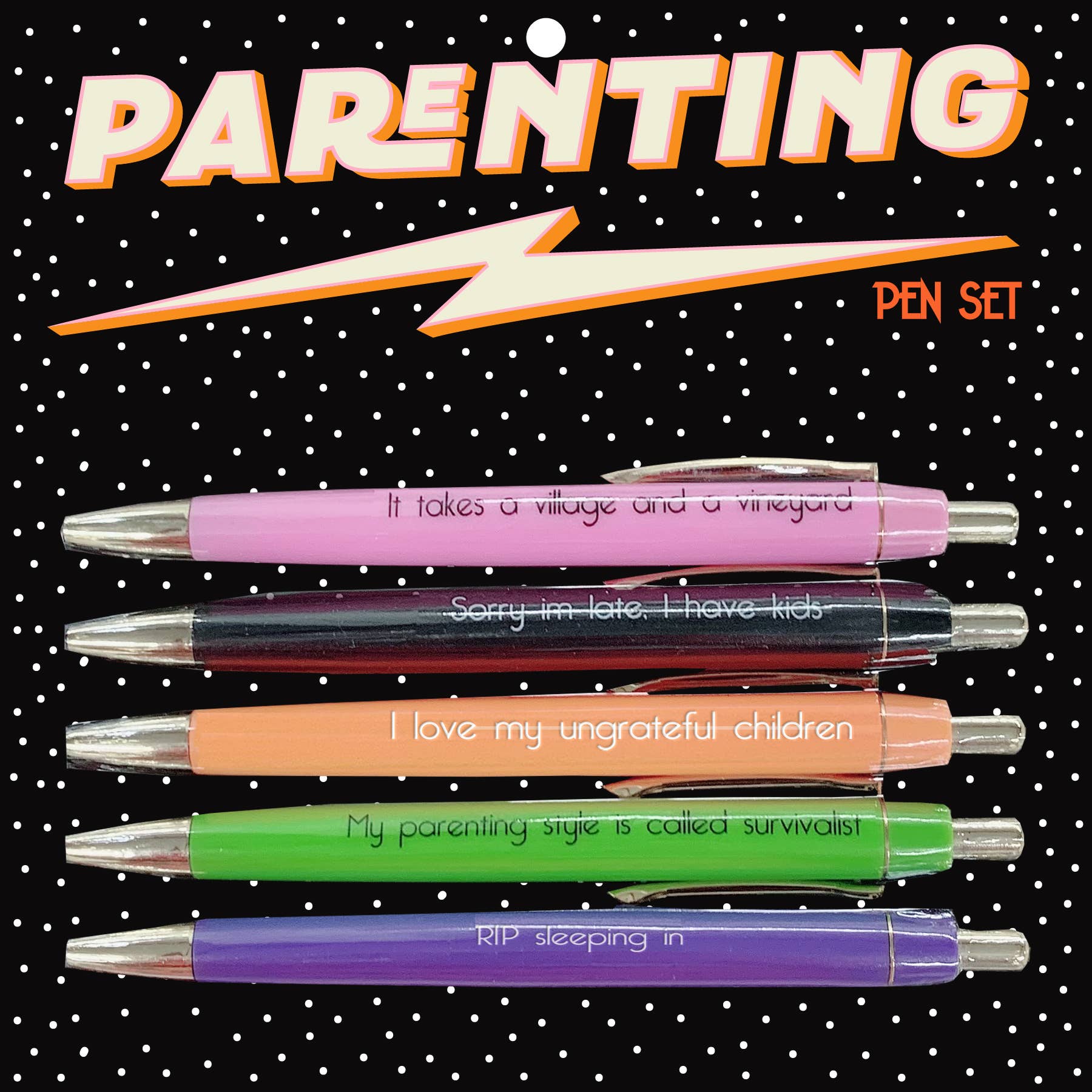 Parenting Funny Pen Set on Gift Card, Set of 5, Black Ink