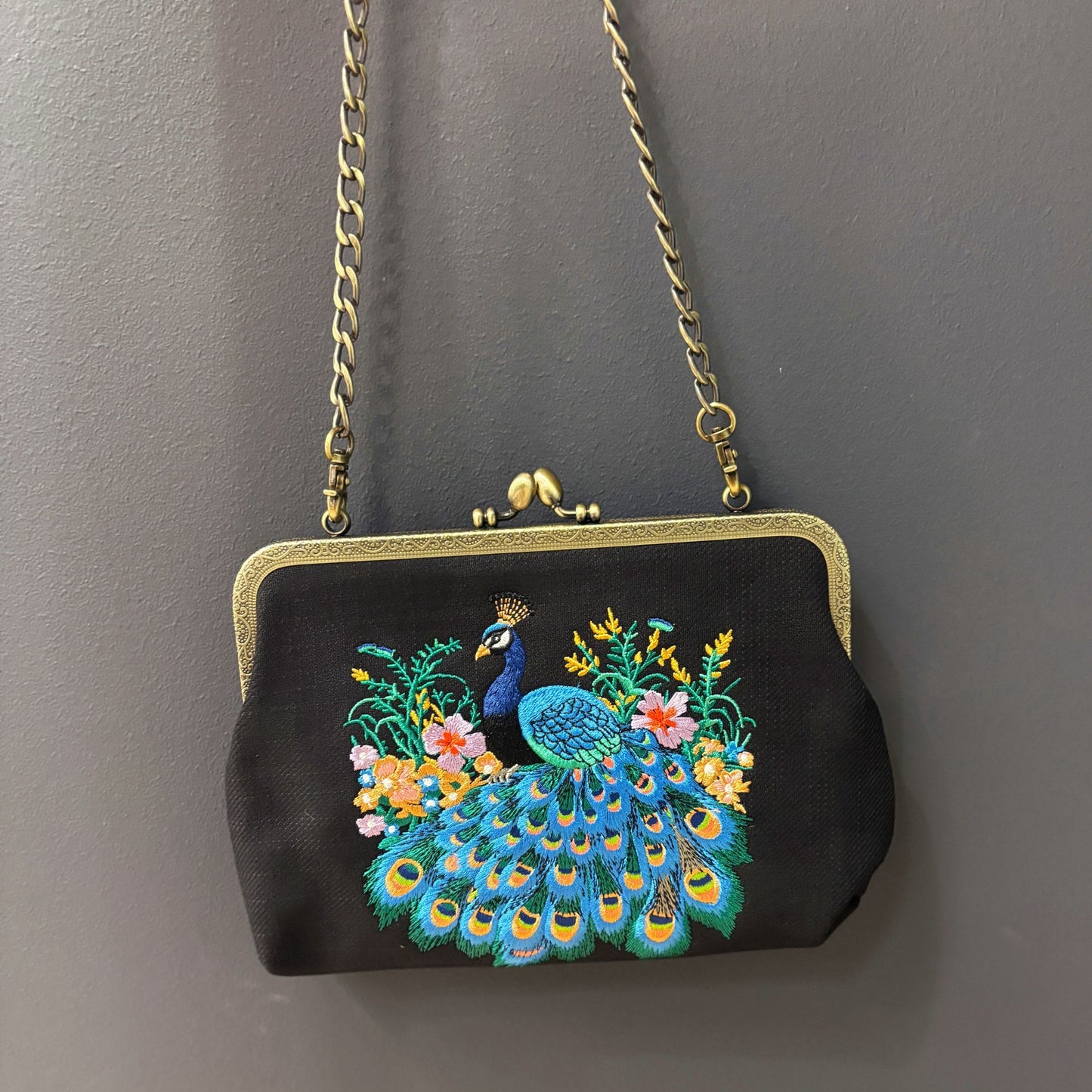 Peacock Embroidered Kisslock Bag | Vintage Boho Handbag with Chain Strap