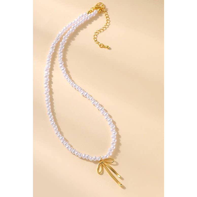 Pearl Necklace with Coquette Bow Pendant in Gold Finish | 16" Long