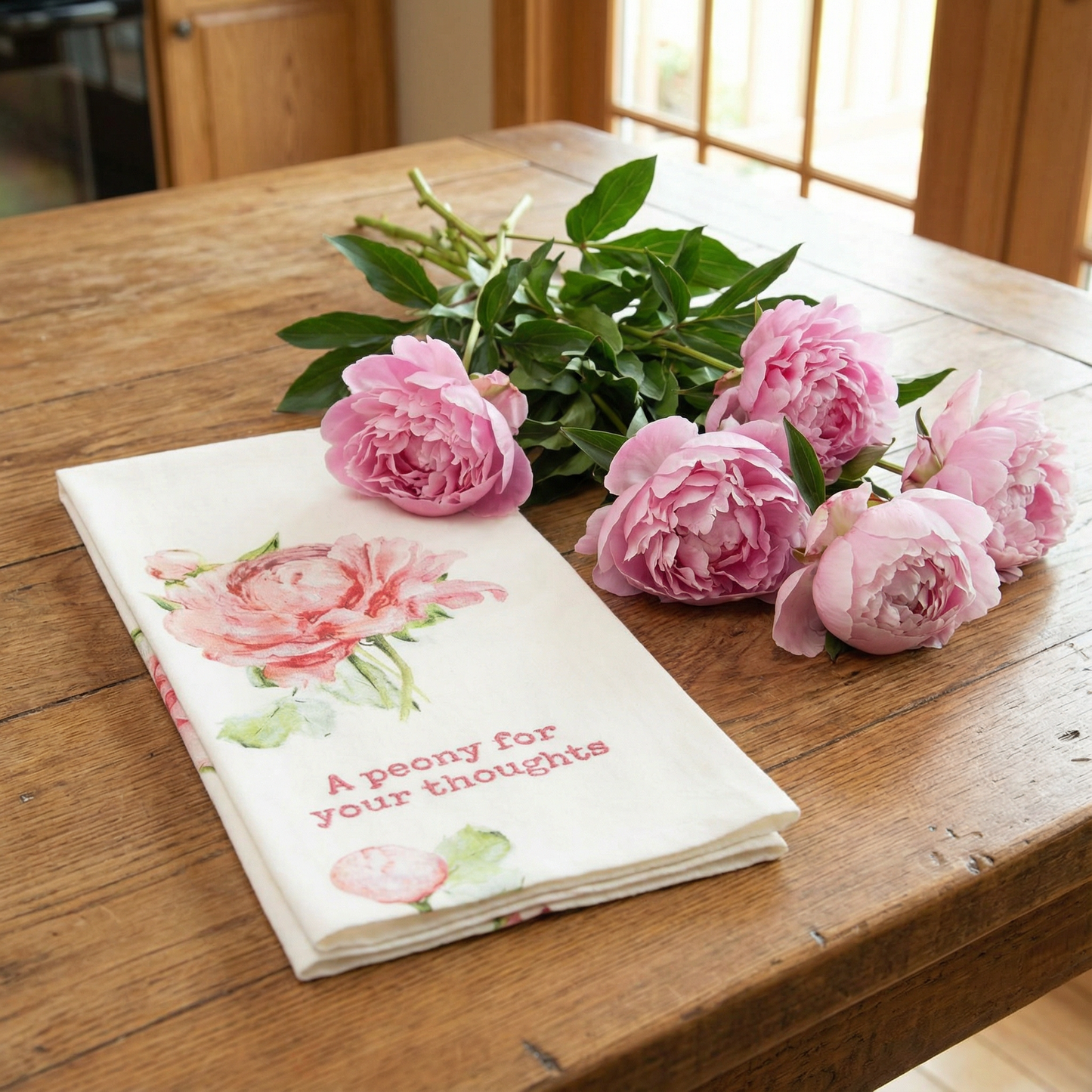 Peony For Your Thoughts Dish Cloth Towel | Cotten Linen Novelty Tea Towel | Cute Kitchen Hand Towel | 18" x 28"