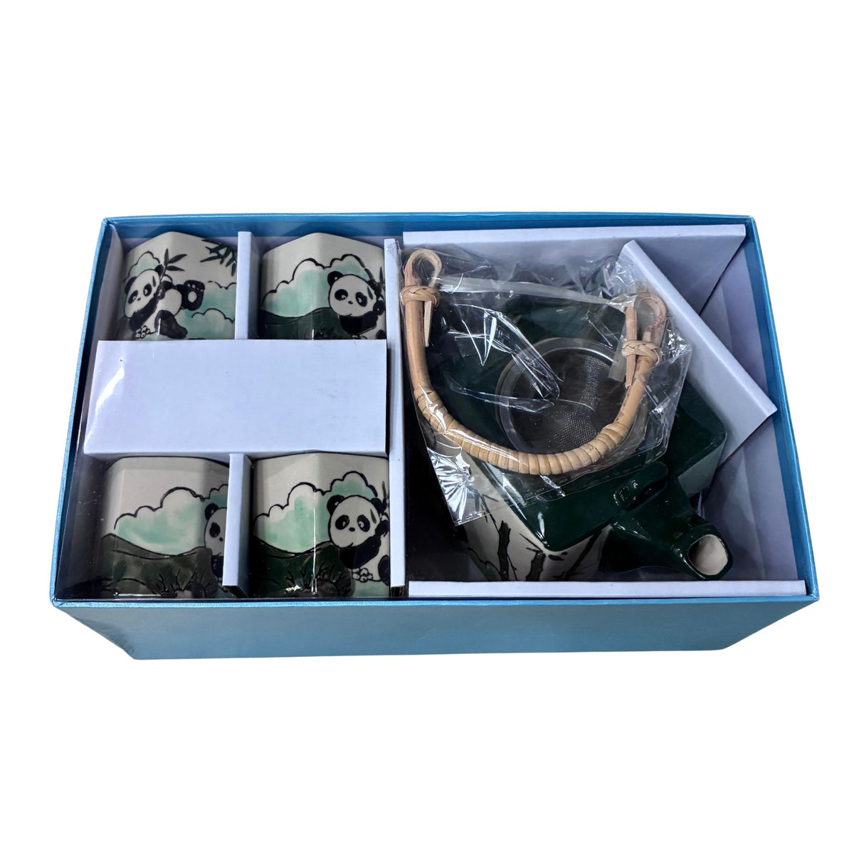 Playful Panda Tea Set | Porcelain Teapot with 4 Hexagon Cups & Stainless Steel Strainer | 20oz