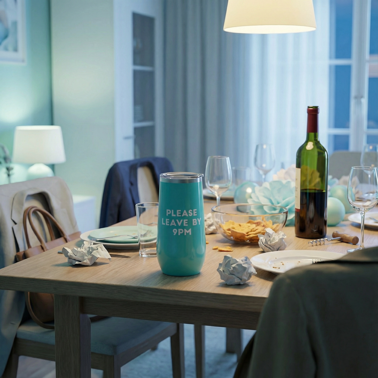 Please Leave by 9PM Champagne Tumbler in Teal | Stainless Steel To-Go Cup