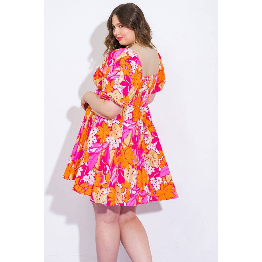 strapless open back dress Plus Size Orange and Pink Floral Printed Woven Mini Dress