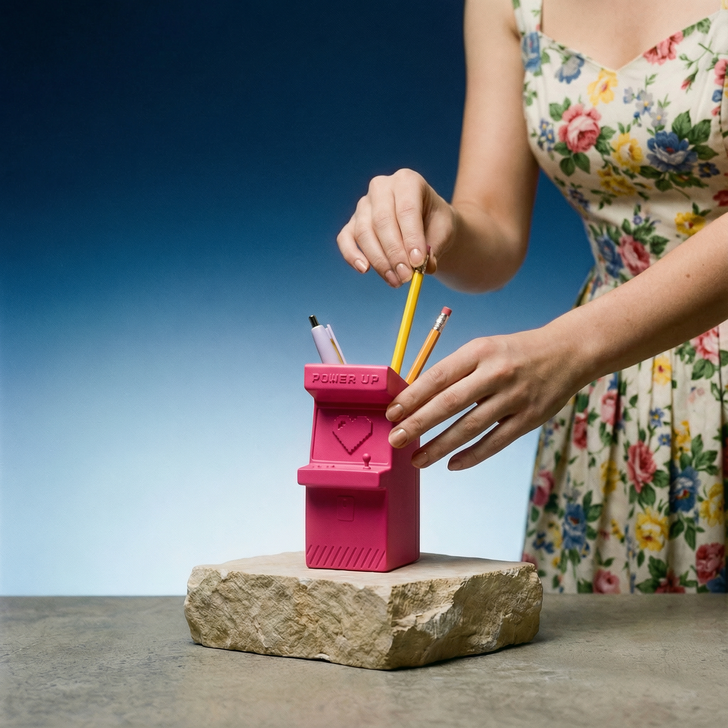 Power Up Retro Arcade Style Pen Pot | Pencil Cup in Hot Pink