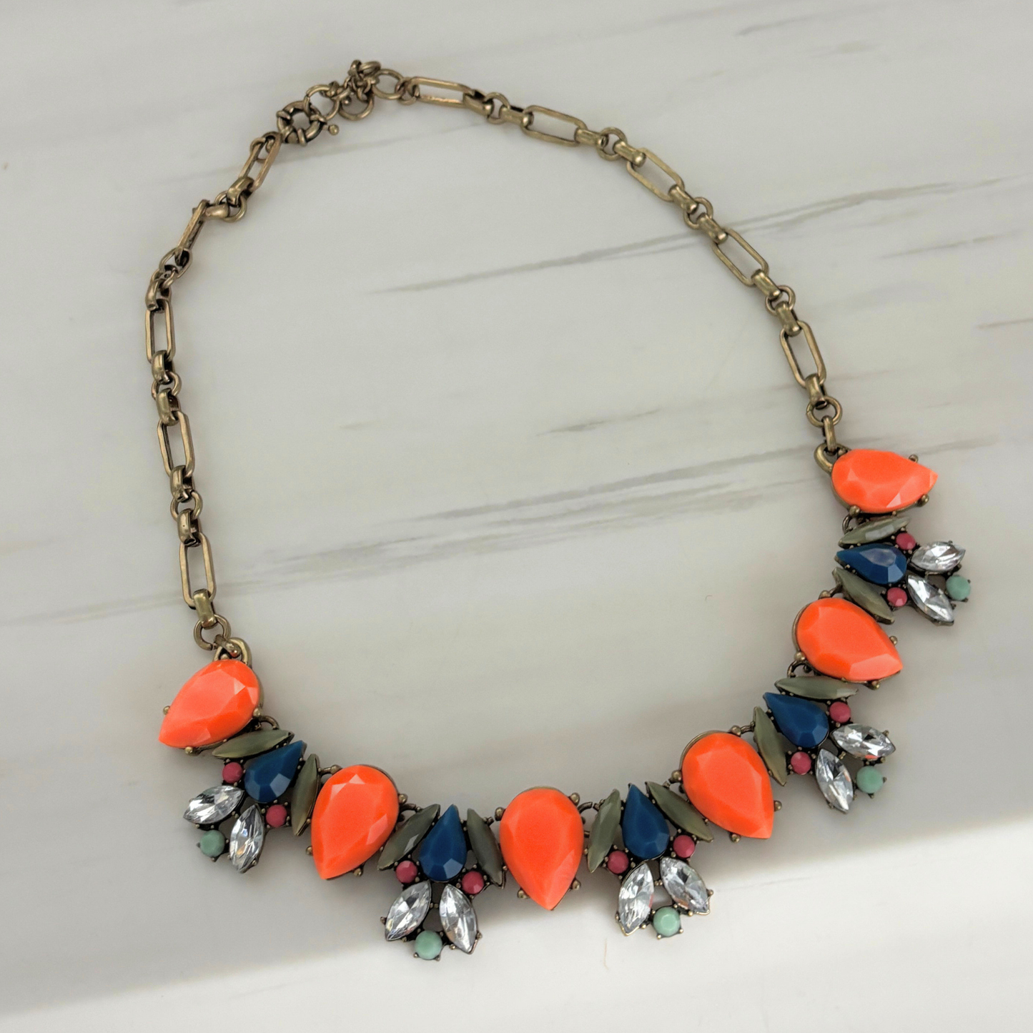 Preppy Tangerine Statement Necklace | Orange, Olive & Navy Gems with Rhinestones | Bronze Hardware-Paper & Quartz-The Bullish Store
