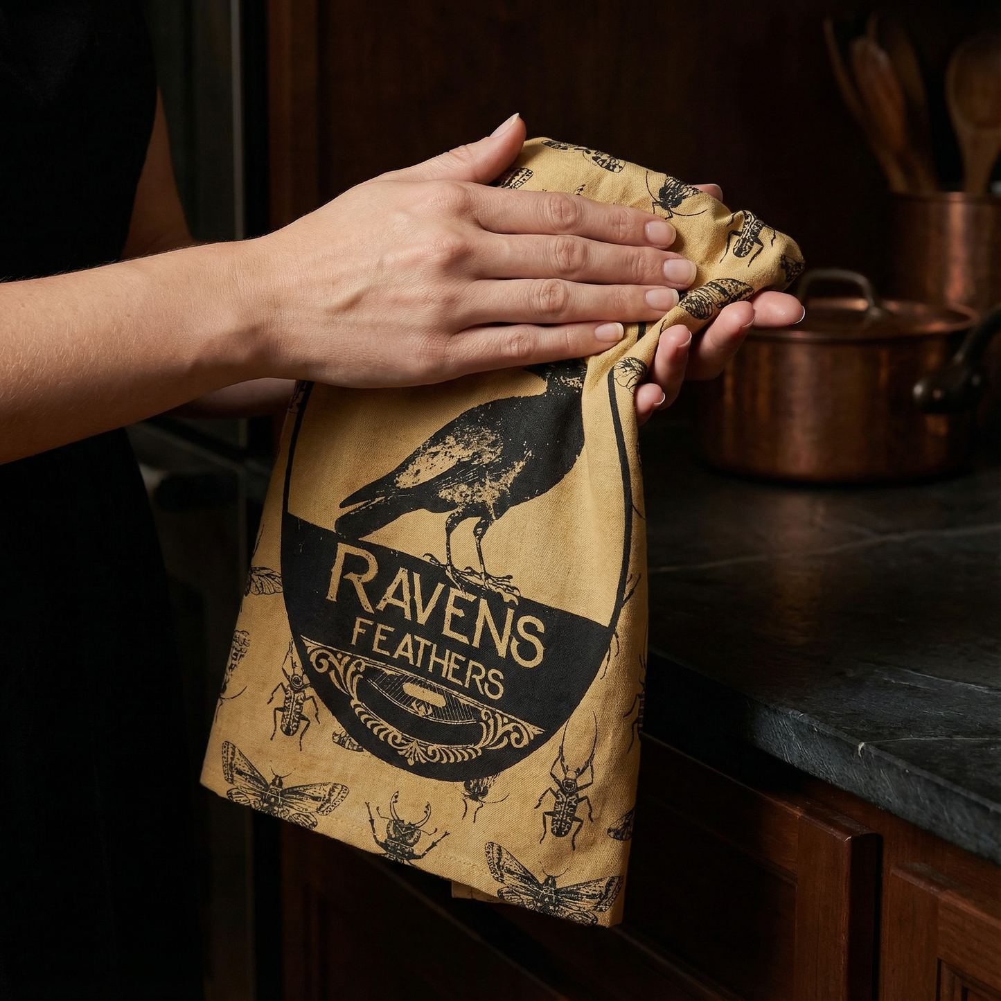 Pure 100% Alchemy Grade Ravens Feathers Cotton Kitchen Towel | Halloween Themed Hand Tea Dish Cloth | 28" x 28"