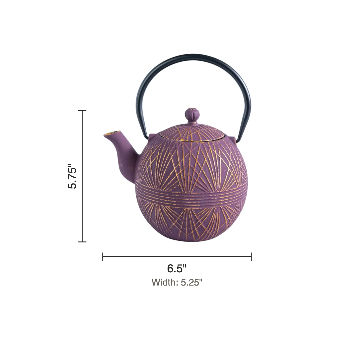 Size chart: teapot 5.75 inches tall, 6.5 inches long, 5.25 inches wide
