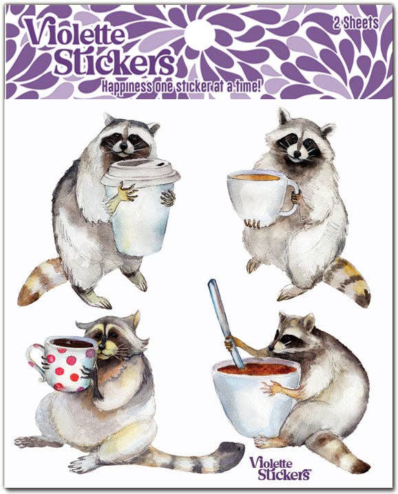 Raccoons with Coffee Stickers | 4" x 4" | 2 Sheets