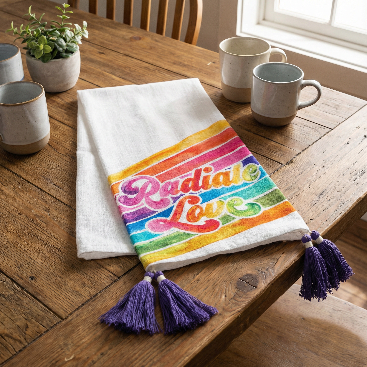 Radiate Love Rainbow Dish Cloth Towel | '70s-'80s Retro Design with Tassels