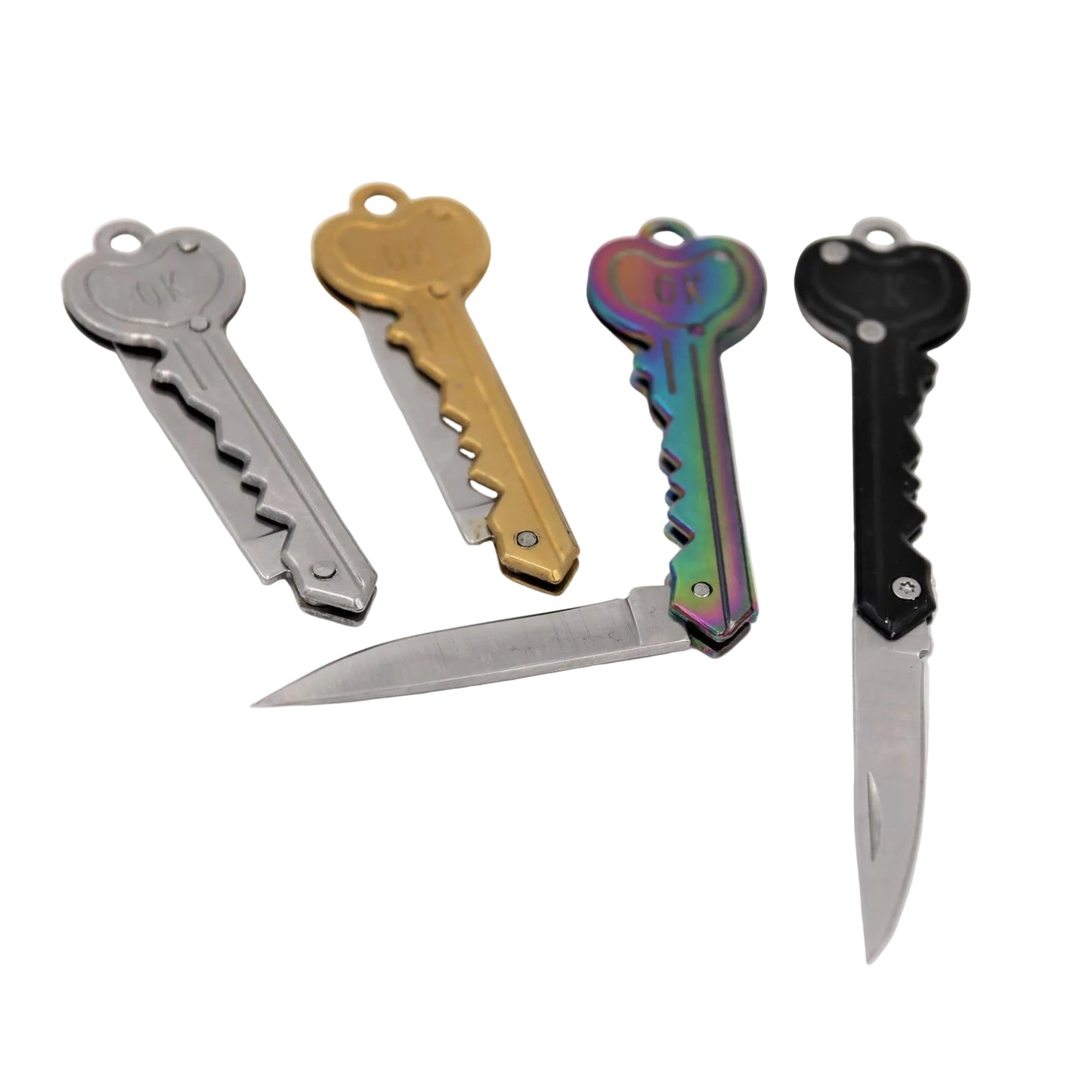Four pocket knives shaped like keys are displayed on a white background, including two closed knives in silver and gold finishes, one closed knife with an iridescent rainbow finish, and one open knife in black and silver showing its blade.