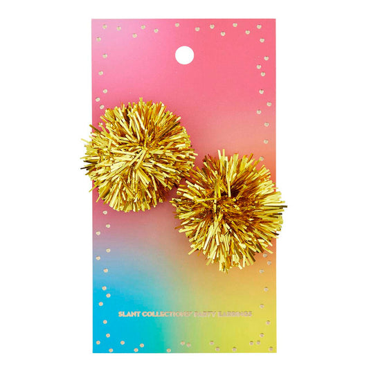Rainbow Party Earrings | Mylar Pom Pom in Gold