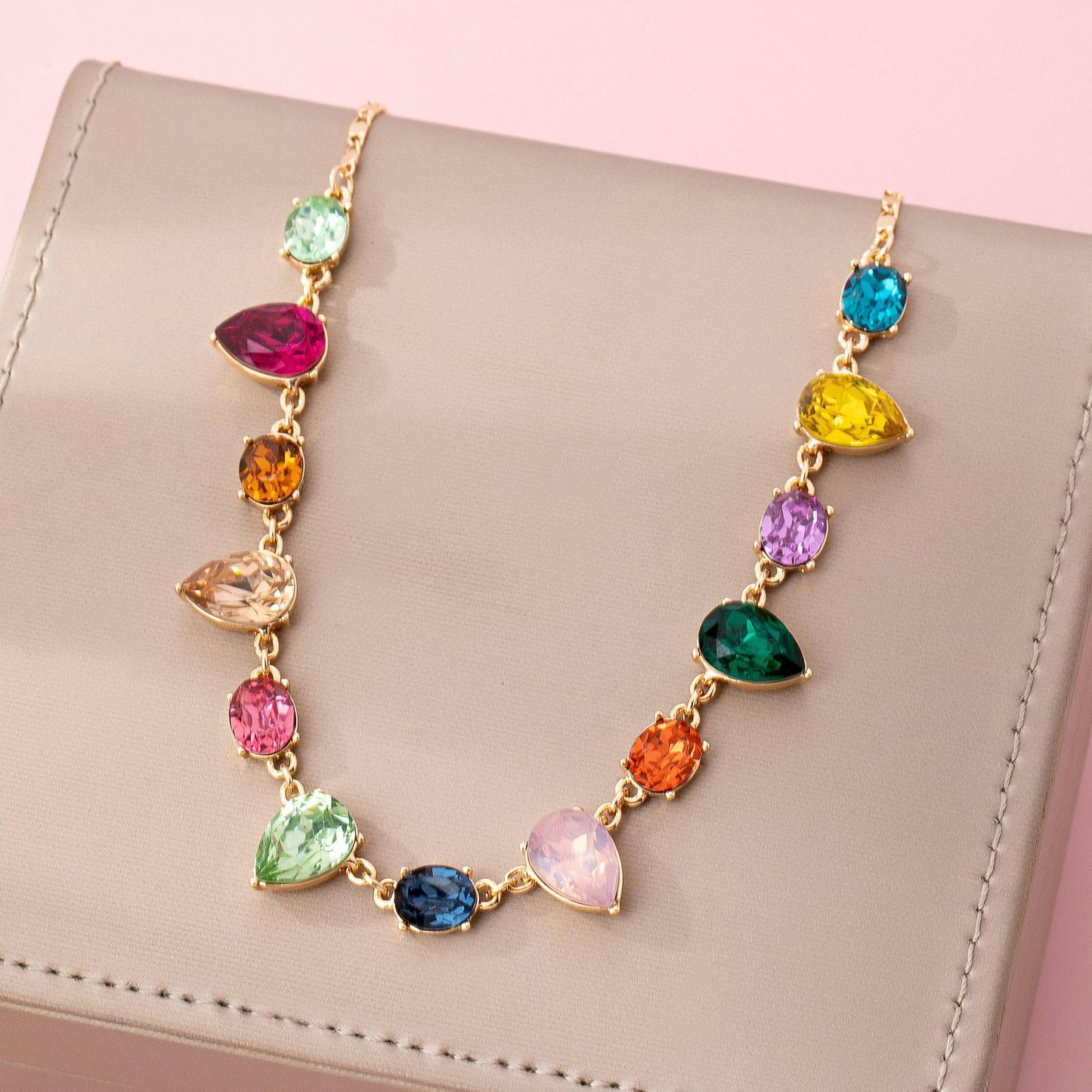 Rainbow Pear Gemstone Dangle Necklace in Gold Plating