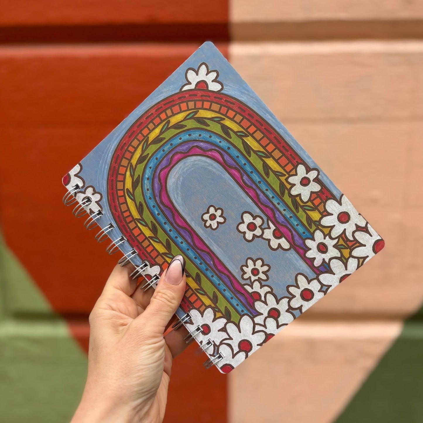 Rainbow Spiral Notebook | Double-sided 120 Lined Pages Wood Burned Art Style Journal