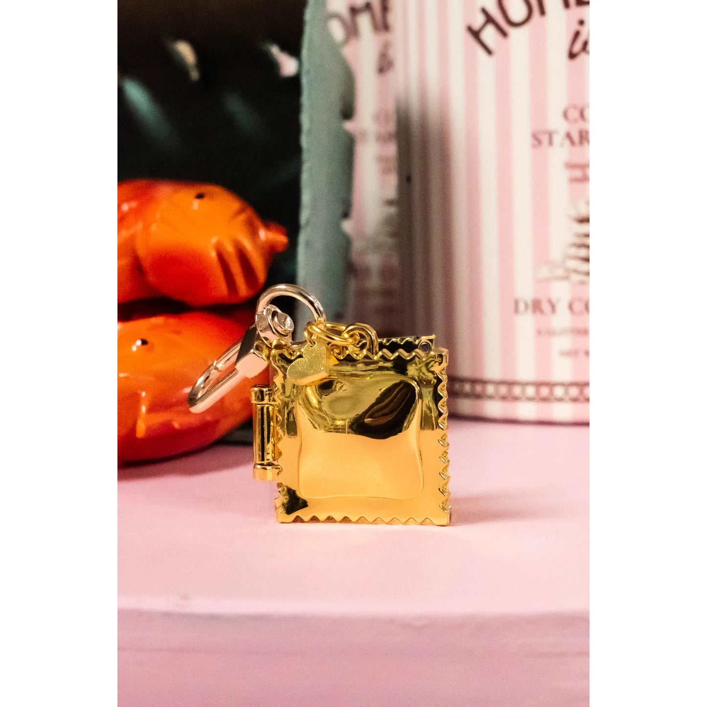 Ravioli Locket Keychain | Tiny Pasta Key Holder in Gold Plated