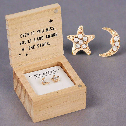 Reach for the Moon Treasure Box Earrings | Star and Moon Shaped Earrings in Wooden Gift Box