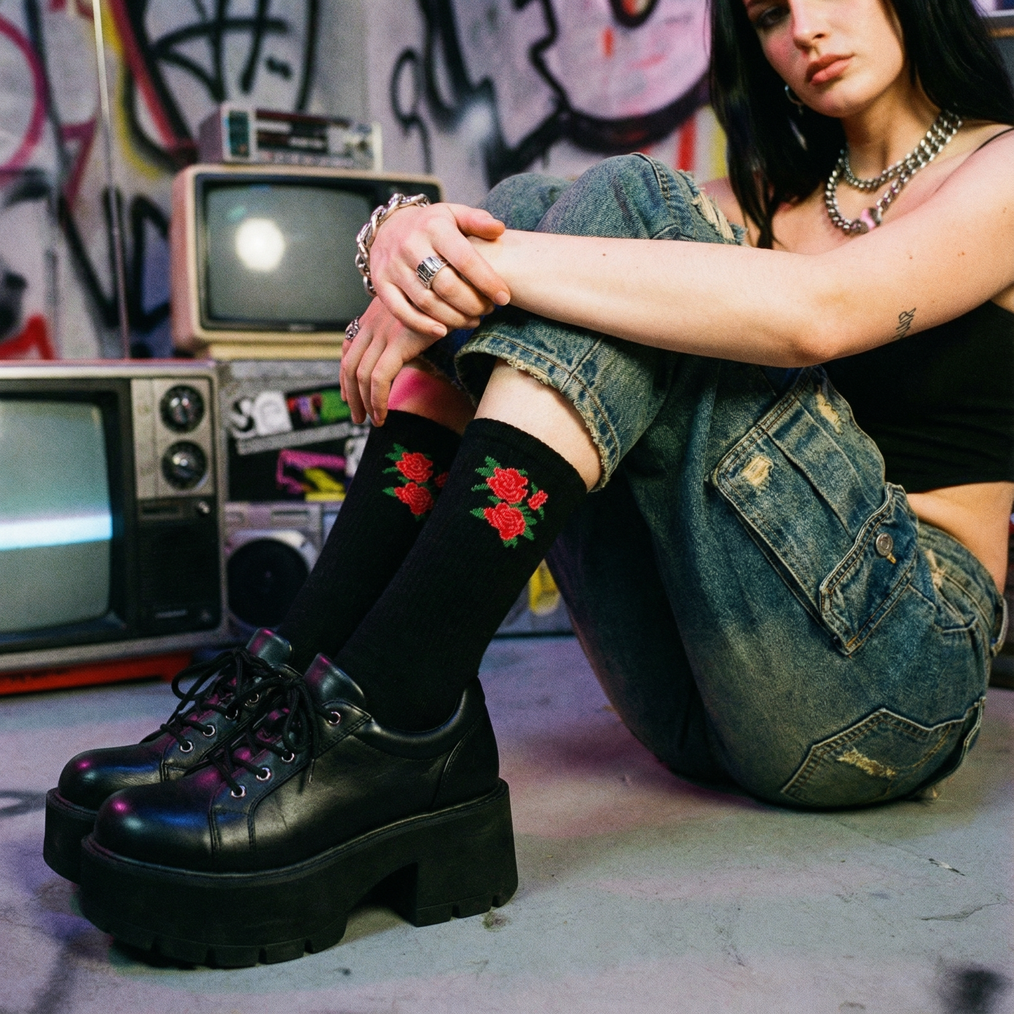 Red Roses Black Classic Crew Socks with Ribbed Tubing | Seamless Toe Seam Novelty Socks