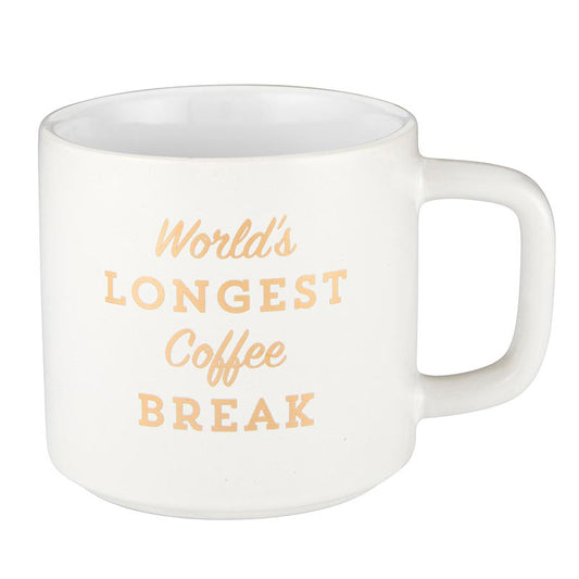Retirement Gift "World's Longest Coffee Break" Stackable White Mug | Stoneware Tea Coffee | 14oz.