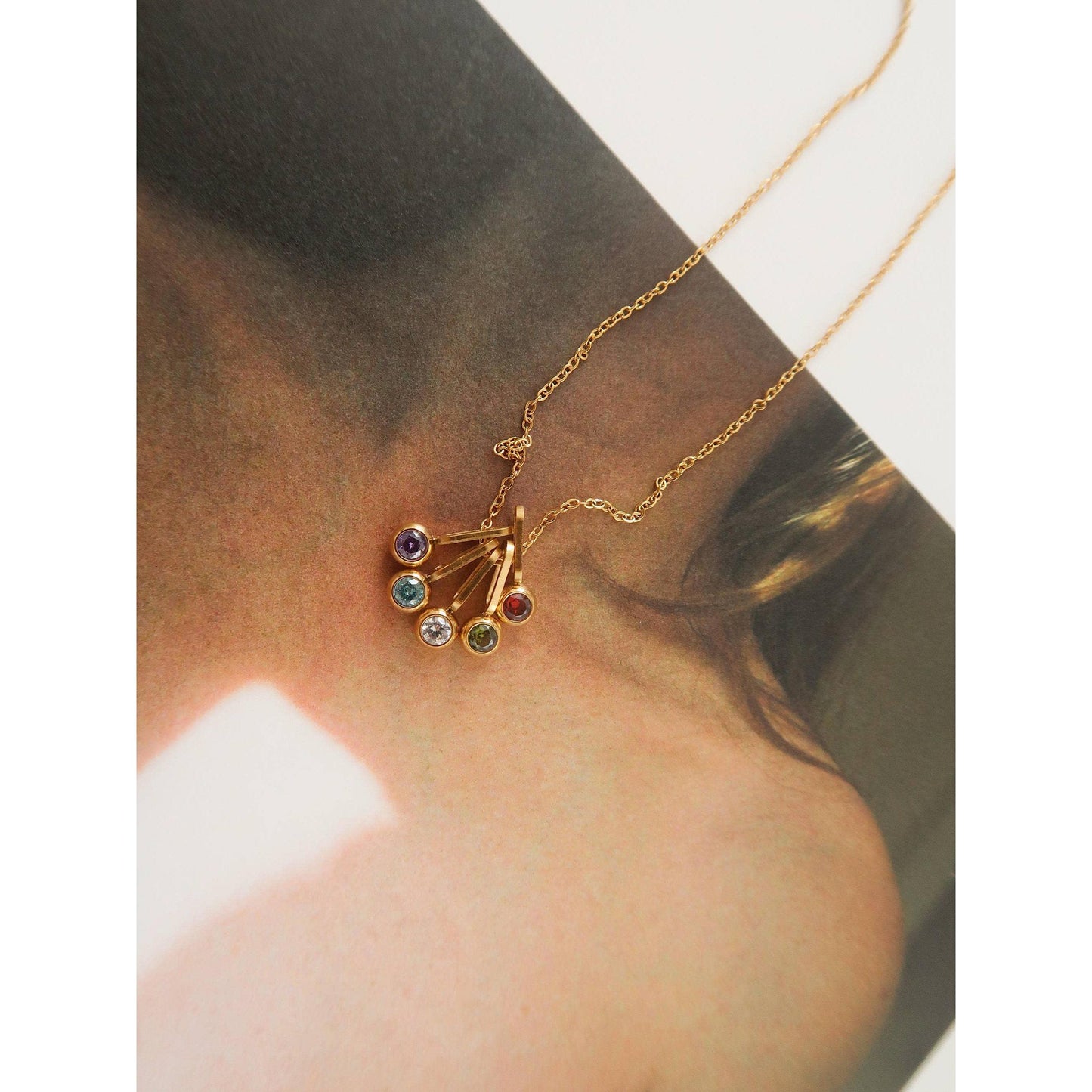 Reyna 18K Gold Non-Tarnish Five Stone Charm Necklace | Cubic Zirconia Gold Plated Stainless Steel, Hypoallergenic