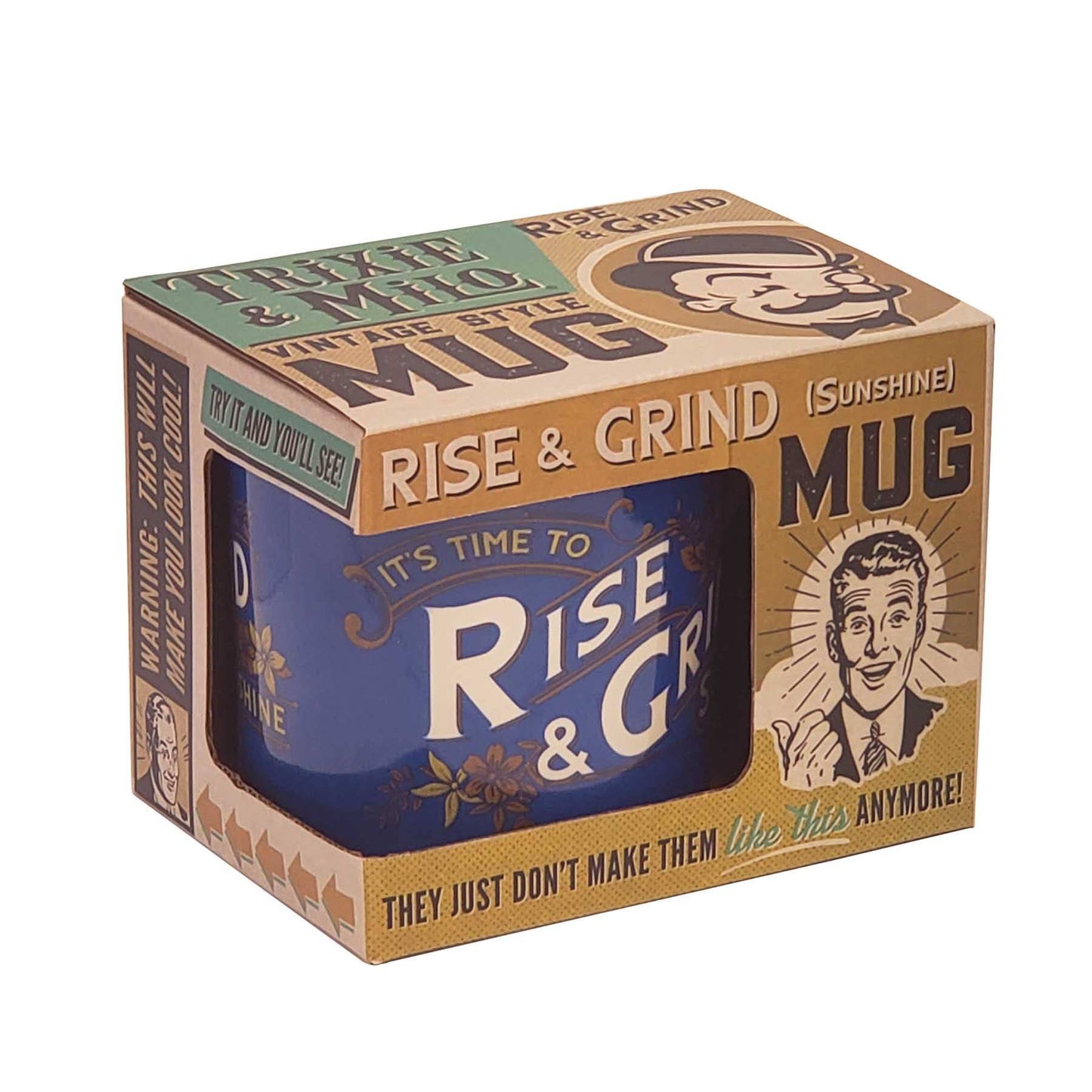 Rise & Grind Porcelain Mug Vintage Style | Wrap-around Design Ceramic Coffee Tea Cup | 12oz