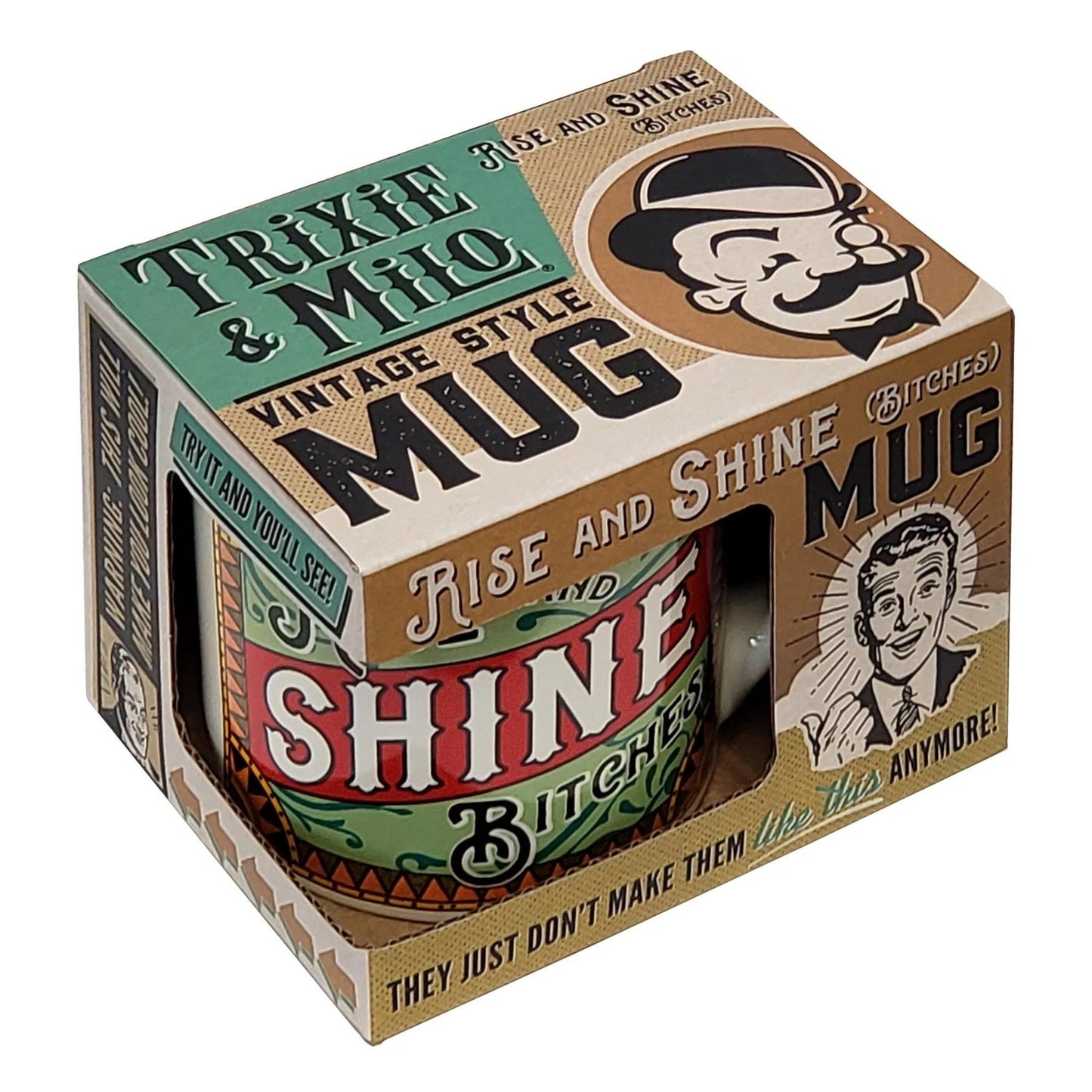 Rise & Shine Porcelain Mug Vintage Style | Wrap-around Design Ceramic Coffee Tea Cup | 12oz