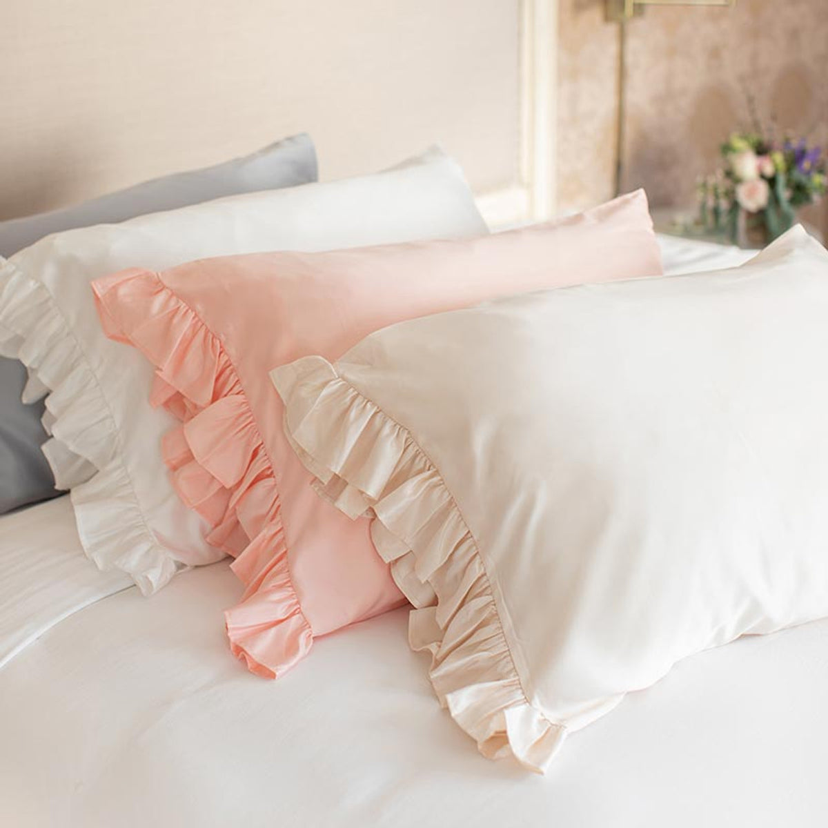 Ruffled Satin Pillowcase in Gray | Standard Size