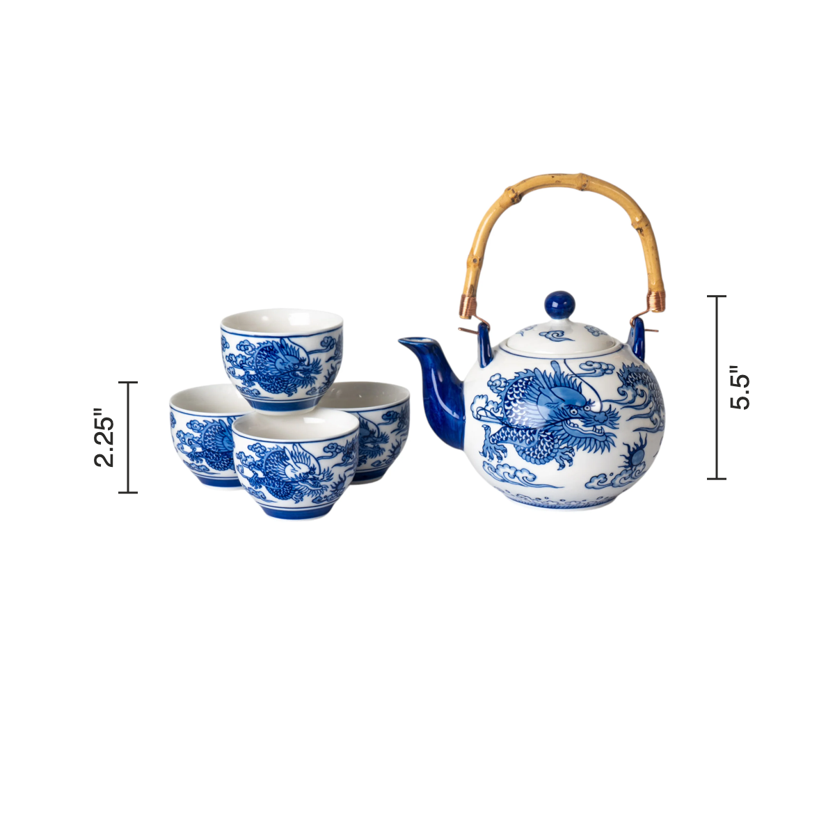 Size chart: teapot 5.5 inches tall, cups 2.25 inches tall