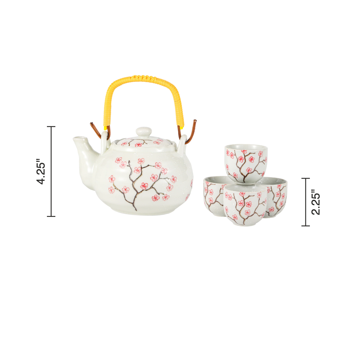 Size chart: teapot 4.25 inches tall, cups 2.25 inches tall