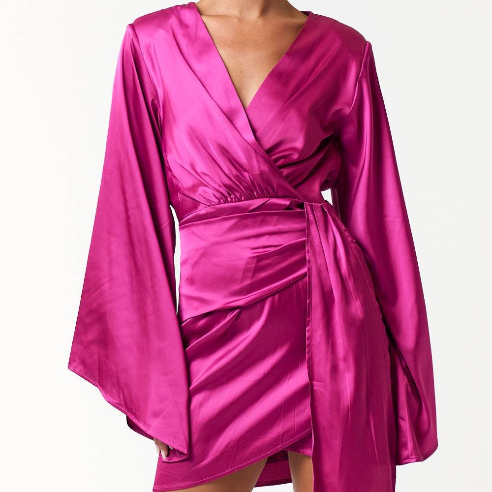Satin Bell Long Sleeve Wrap Mini Dress in Magenta [Available in Sizes SM-L] S / Magenta